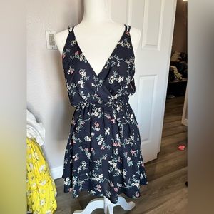 Dark blue floral open back shirt dress